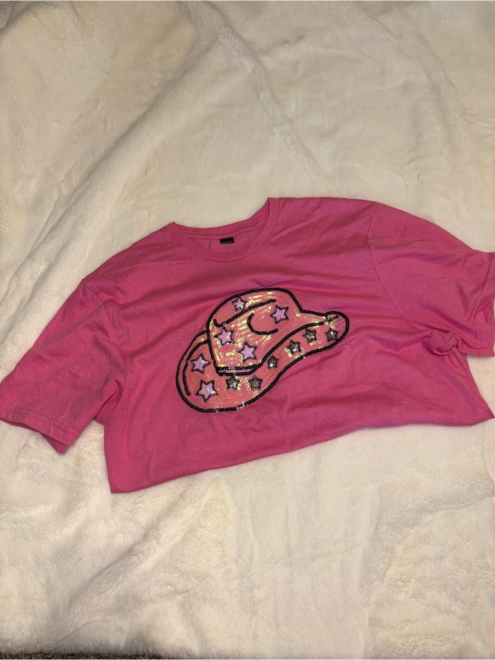Sequin Cowboy Hat Graphic Tee - Pink Short Sleeve